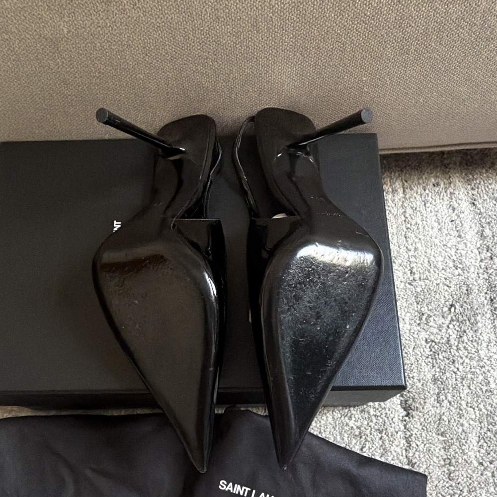 Saint Laurent Black Patent Leather Logo Slingback Pointed Toe Stiletto 8.5 - Picture 4 of 6